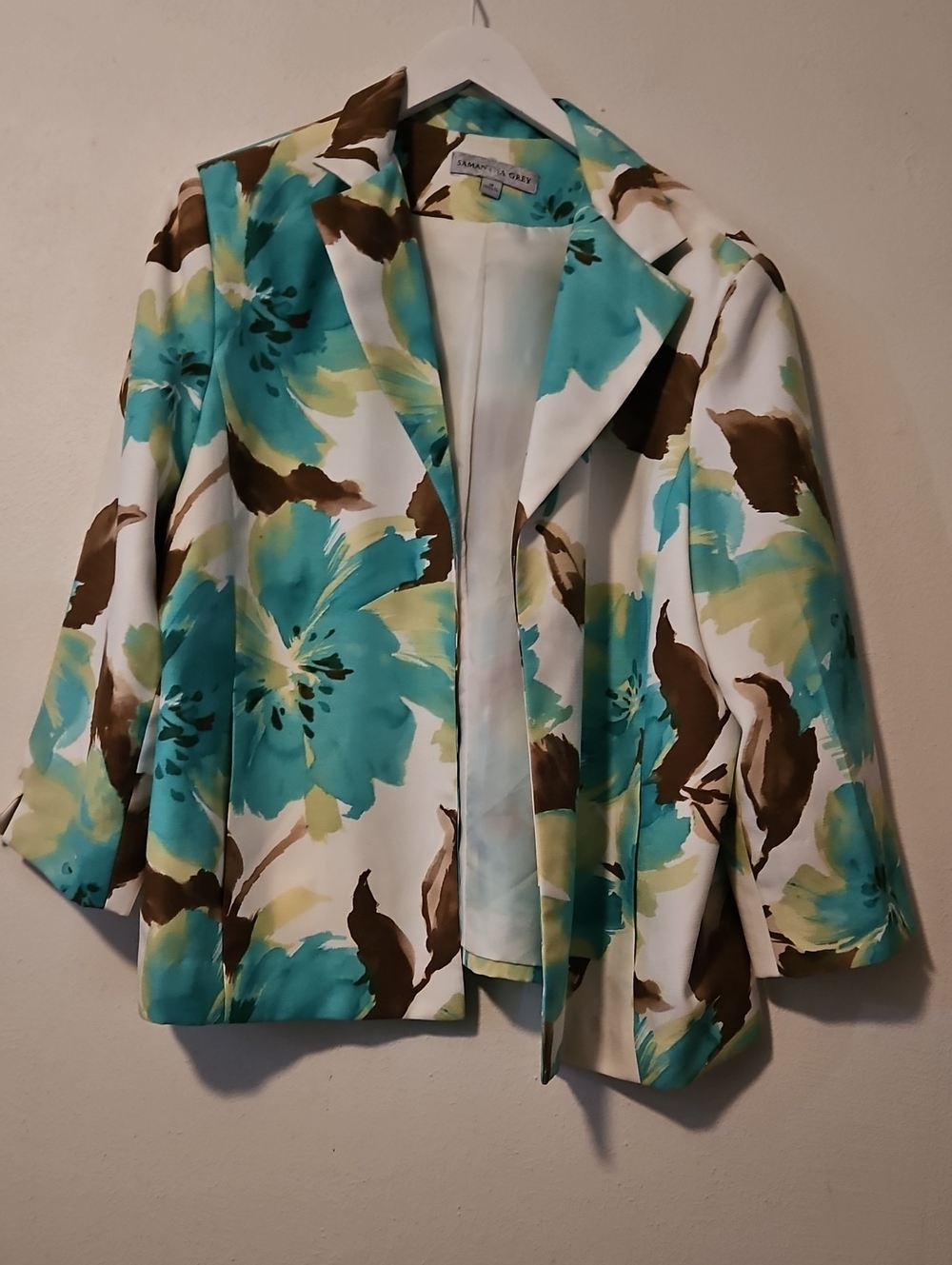SAMANTHA GREY Turquoise Floral Blazer with Brown Accents